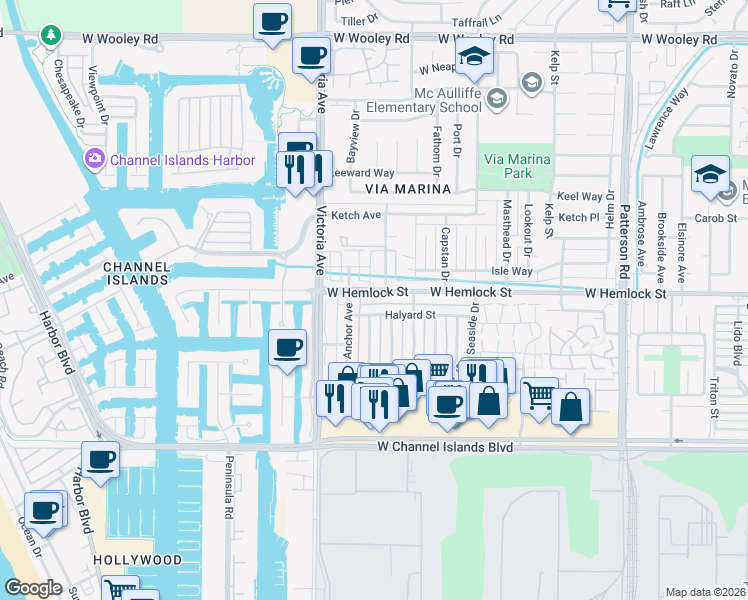 map of restaurants, bars, coffee shops, grocery stores, and more near 745 Halyard Street in Port Hueneme