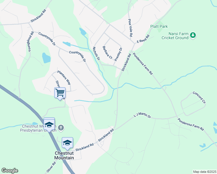 map of restaurants, bars, coffee shops, grocery stores, and more near 4745 Countryside Drive in Flowery Branch