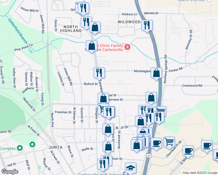 map of restaurants, bars, coffee shops, grocery stores, and more near 7 Townsley Drive in Cartersville