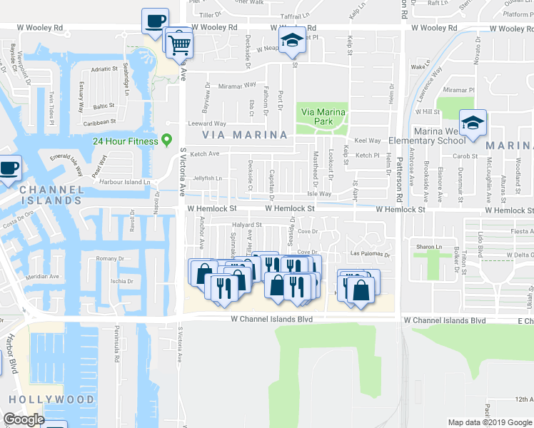 map of restaurants, bars, coffee shops, grocery stores, and more near 656 West Hemlock Street in Port Hueneme