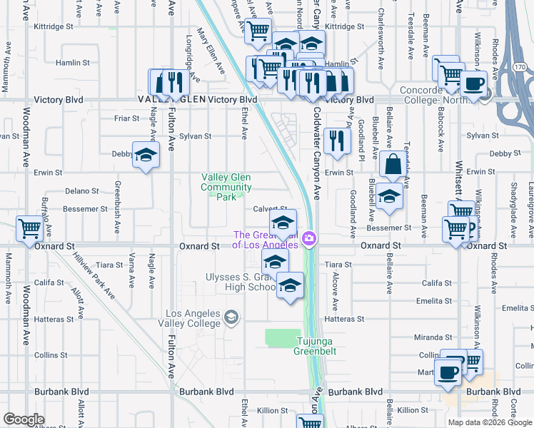 map of restaurants, bars, coffee shops, grocery stores, and more near 13049 Aetna Street in Los Angeles