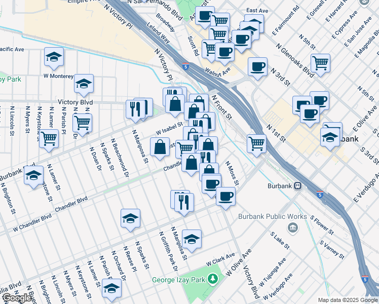 map of restaurants, bars, coffee shops, grocery stores, and more near 683 North Victory Boulevard in Burbank