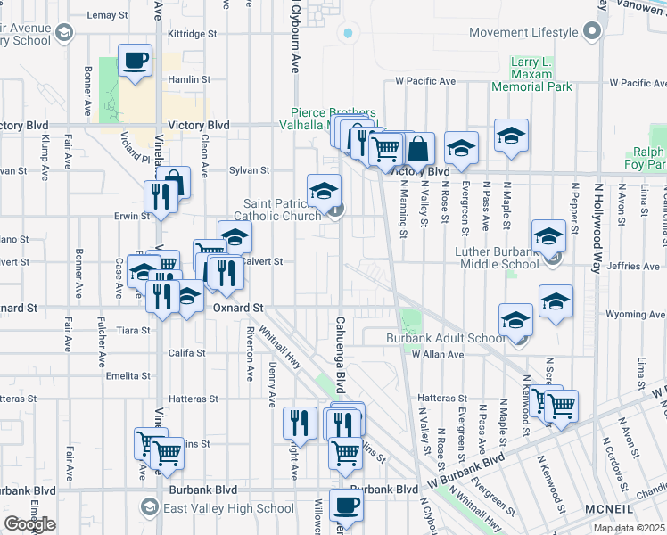 map of restaurants, bars, coffee shops, grocery stores, and more near 6055 Cahuenga Boulevard in Los Angeles