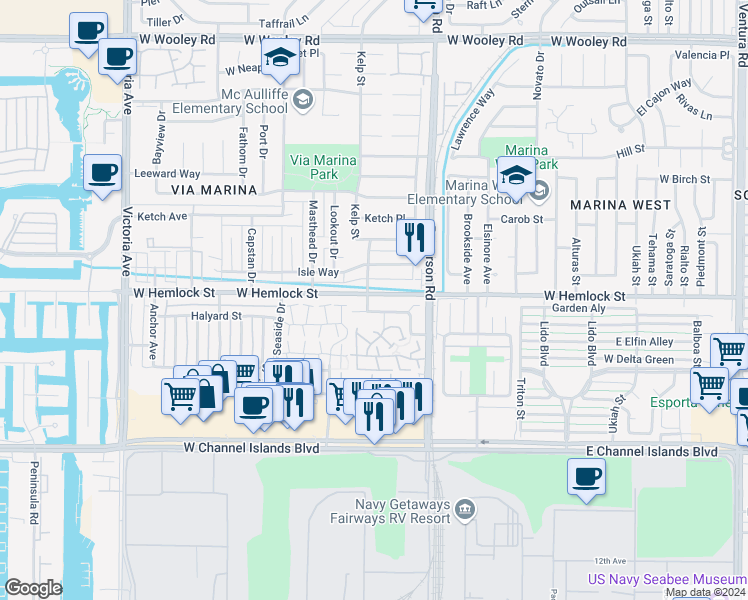 map of restaurants, bars, coffee shops, grocery stores, and more near 469 Corvette Street in Port Hueneme