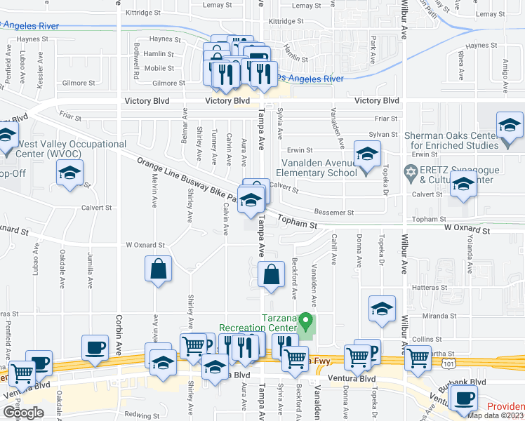 map of restaurants, bars, coffee shops, grocery stores, and more near Tampa Ave & Topham St in Los Angeles