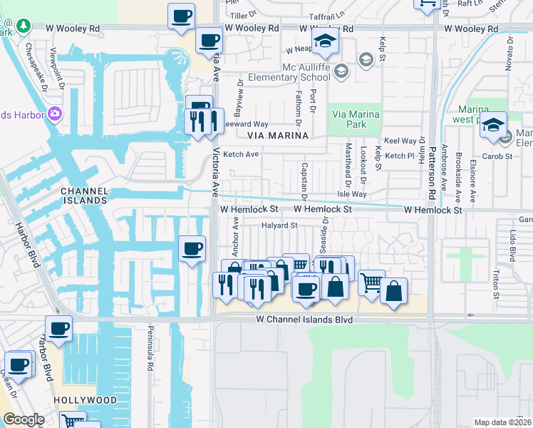 map of restaurants, bars, coffee shops, grocery stores, and more near 732 West Hemlock Street in Port Hueneme