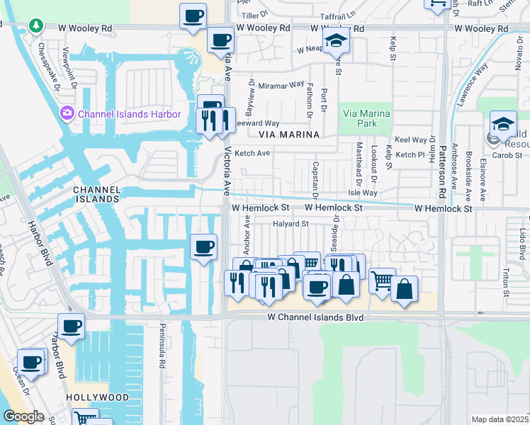 map of restaurants, bars, coffee shops, grocery stores, and more near 766 West Hemlock Street in Port Hueneme