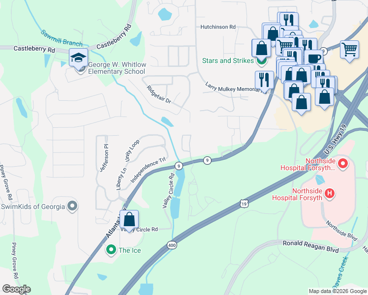 map of restaurants, bars, coffee shops, grocery stores, and more near 1203 Firethorne Pass in Cumming