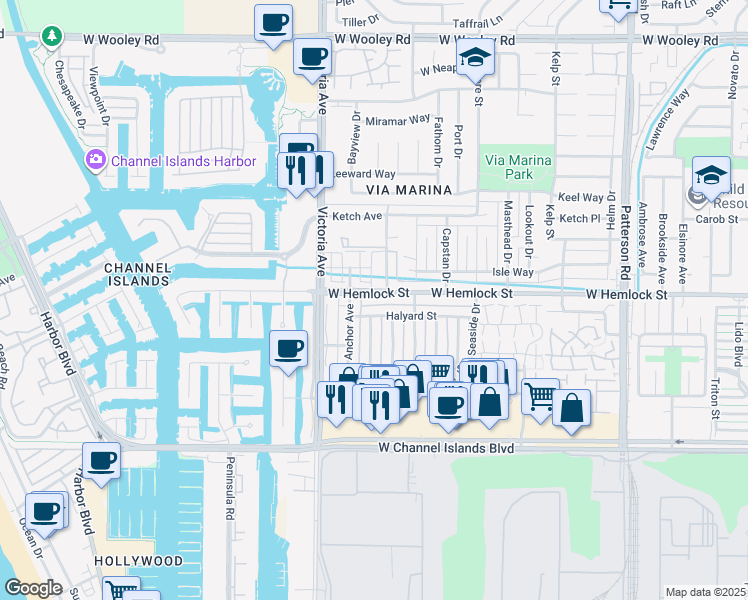map of restaurants, bars, coffee shops, grocery stores, and more near 766 West Hemlock Street in Port Hueneme