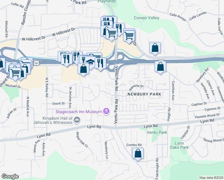 map of restaurants, bars, coffee shops, grocery stores, and more near 1510 Silver Shadow Drive in Thousand Oaks