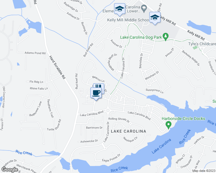 map of restaurants, bars, coffee shops, grocery stores, and more near 2 Beacon Court in Columbia