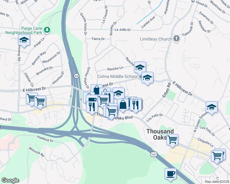 map of restaurants, bars, coffee shops, grocery stores, and more near 1342 East Hillcrest Drive in Thousand Oaks