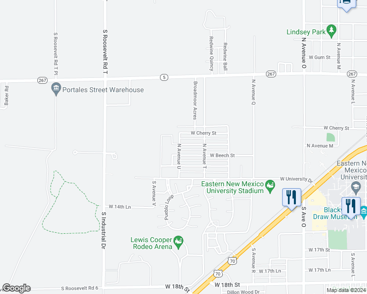 map of restaurants, bars, coffee shops, grocery stores, and more near 2201 Boxwood Circle in Portales