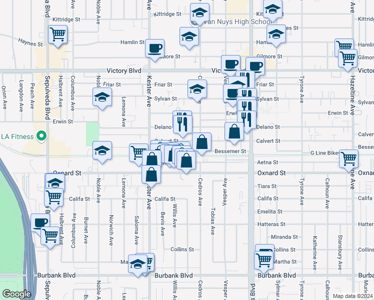 map of restaurants, bars, coffee shops, grocery stores, and more near 14735 Bessemer Street in Los Angeles