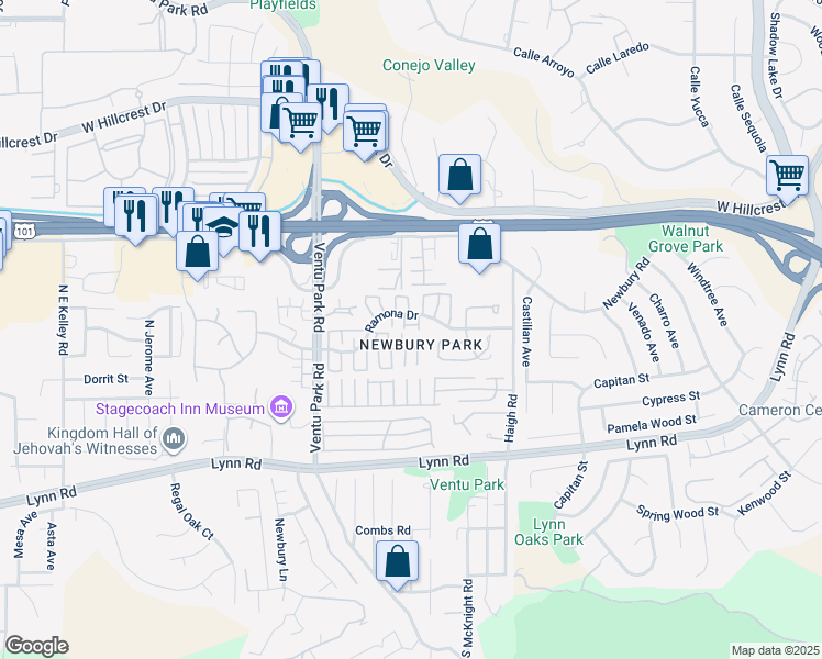 map of restaurants, bars, coffee shops, grocery stores, and more near 1258 Ramona Drive in Thousand Oaks