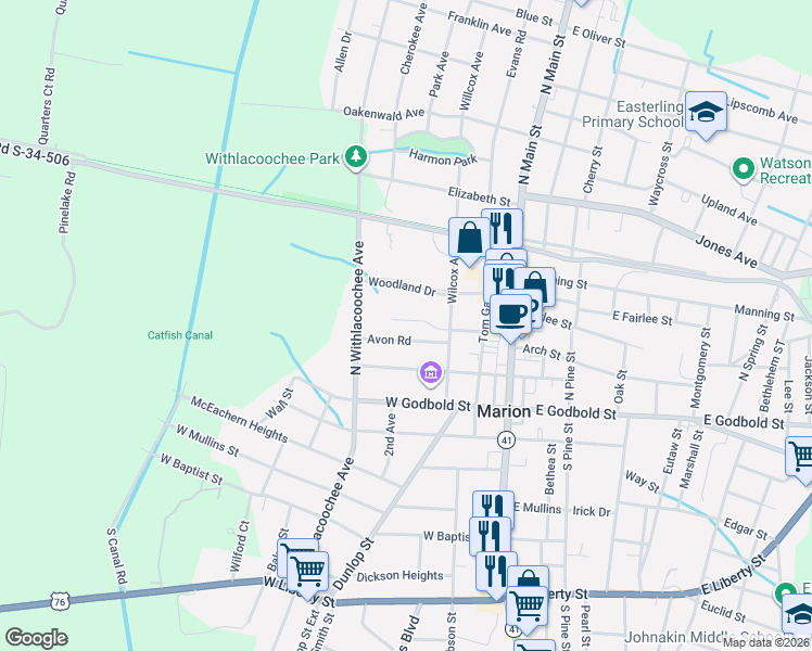 map of restaurants, bars, coffee shops, grocery stores, and more near 305 Avon Road in Marion