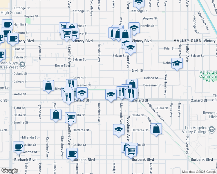 map of restaurants, bars, coffee shops, grocery stores, and more near 13816 Bessemer Street in Los Angeles