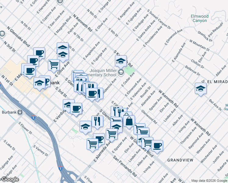 map of restaurants, bars, coffee shops, grocery stores, and more near 507 East Cedar Avenue in Burbank