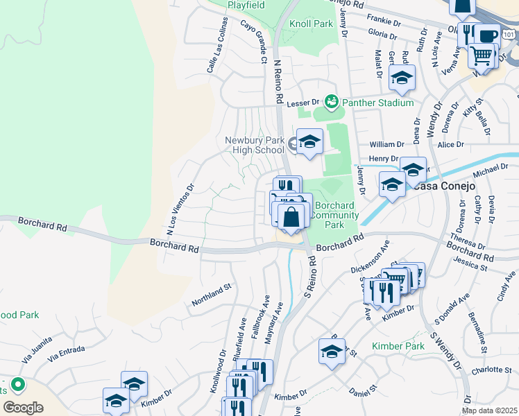 map of restaurants, bars, coffee shops, grocery stores, and more near 169 Padua Circle in Thousand Oaks