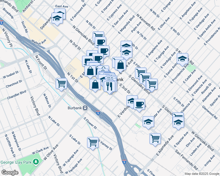 map of restaurants, bars, coffee shops, grocery stores, and more near 150 South San Fernando Boulevard in Burbank