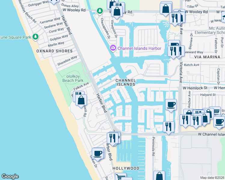 map of restaurants, bars, coffee shops, grocery stores, and more near 4451 Costa De Oro in Oxnard