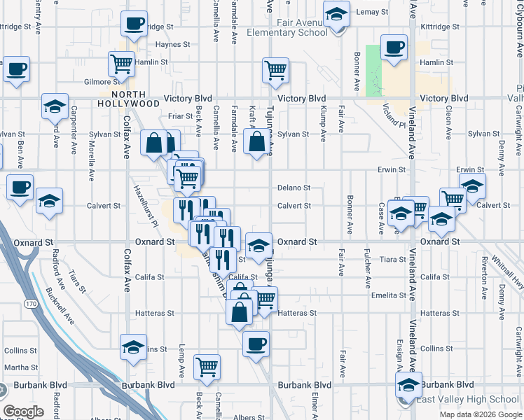 map of restaurants, bars, coffee shops, grocery stores, and more near 11426 Calvert Street in Los Angeles