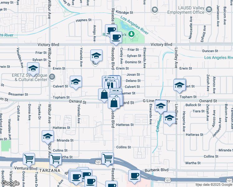 map of restaurants, bars, coffee shops, grocery stores, and more near 6075 Reseda Boulevard in Los Angeles