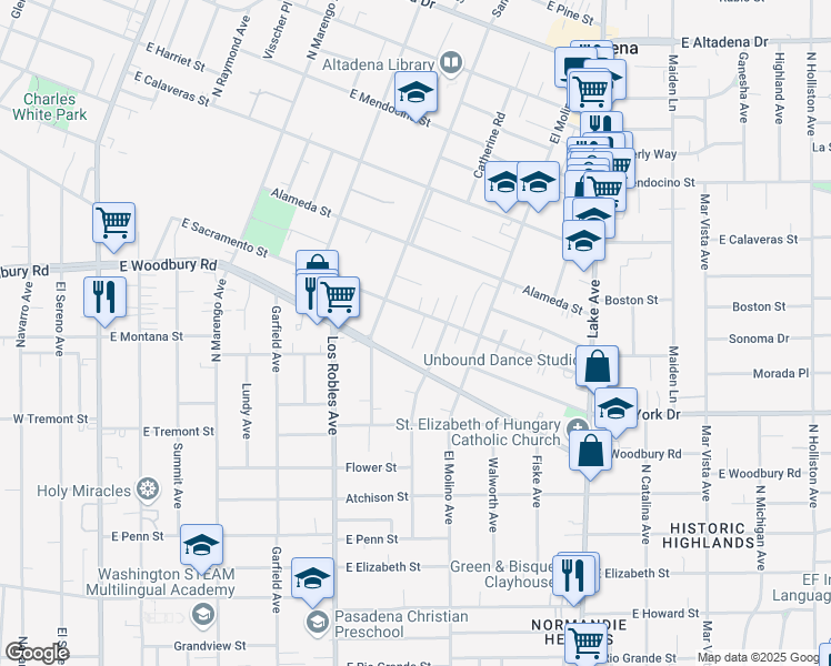 map of restaurants, bars, coffee shops, grocery stores, and more near 2017 Lovila Lane in Altadena