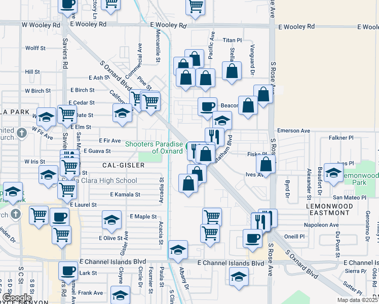 map of restaurants, bars, coffee shops, grocery stores, and more near 1910 Sunkist Circle in Oxnard