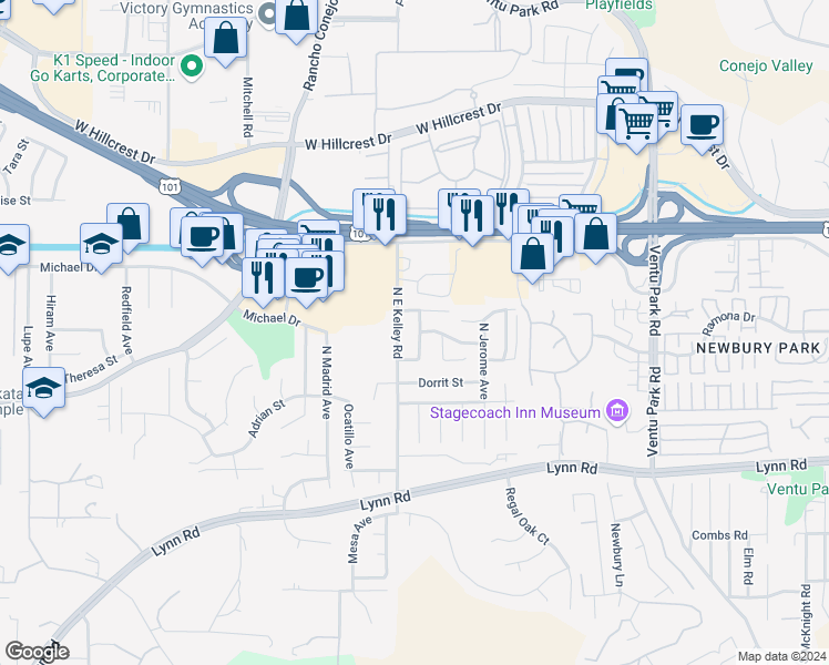 map of restaurants, bars, coffee shops, grocery stores, and more near 203 Donegal Avenue in Thousand Oaks