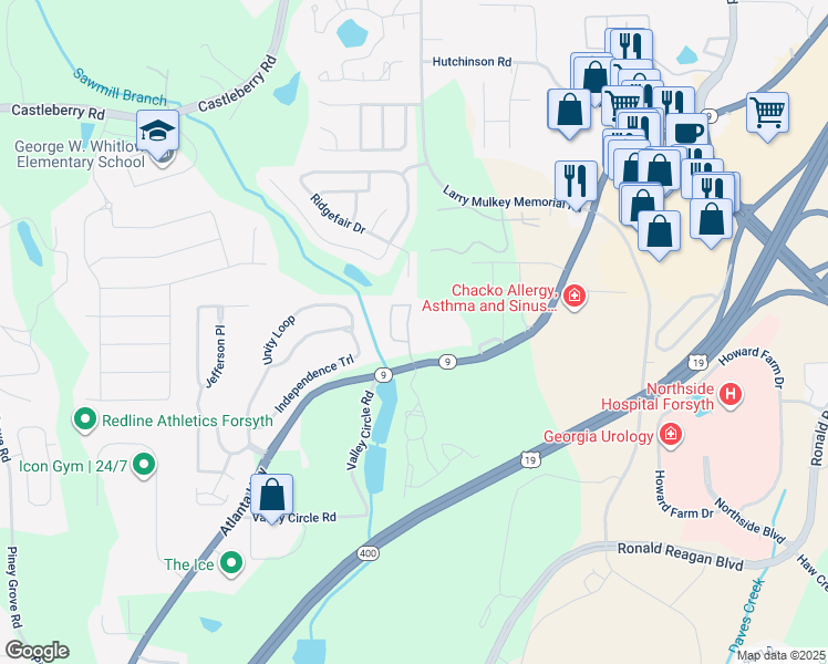 map of restaurants, bars, coffee shops, grocery stores, and more near 955 Firethorne Pass in Cumming
