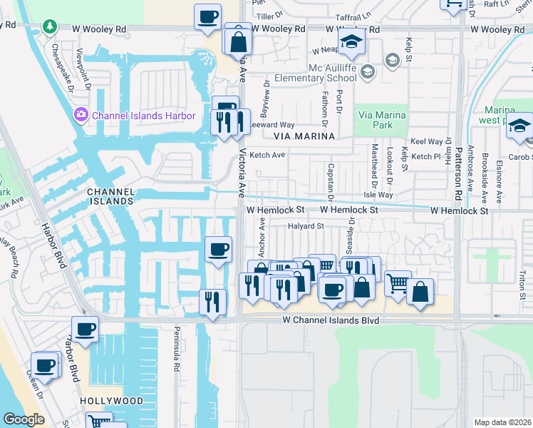 map of restaurants, bars, coffee shops, grocery stores, and more near 2692 Anchor Avenue in Port Hueneme