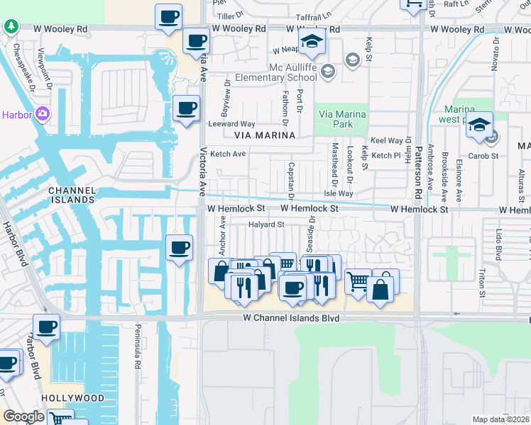 map of restaurants, bars, coffee shops, grocery stores, and more near 702 West Hemlock Street in Port Hueneme