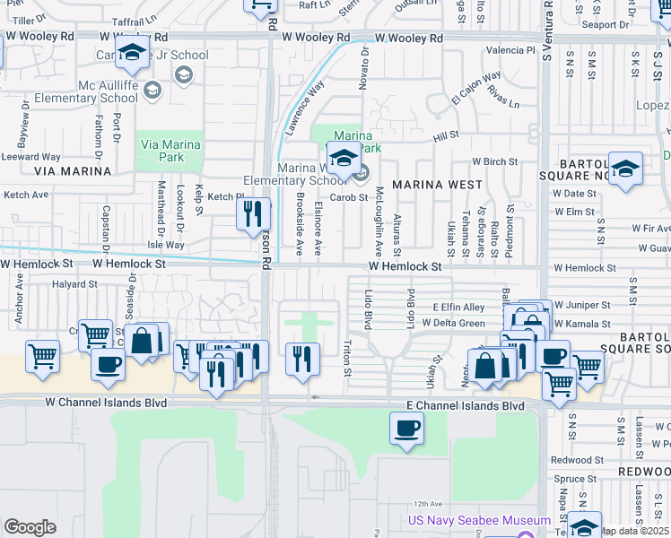 map of restaurants, bars, coffee shops, grocery stores, and more near 224 West Hemlock Street in Port Hueneme
