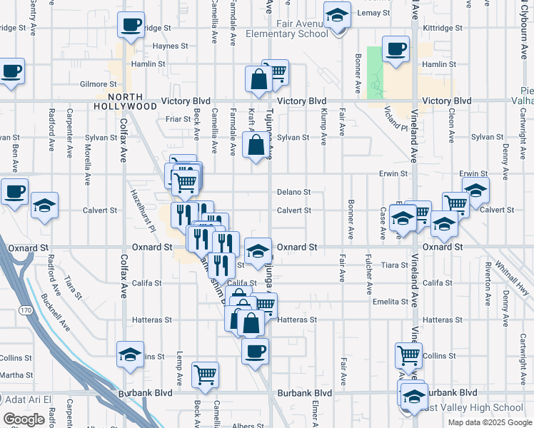 map of restaurants, bars, coffee shops, grocery stores, and more near 6059 Tujunga Avenue in Los Angeles
