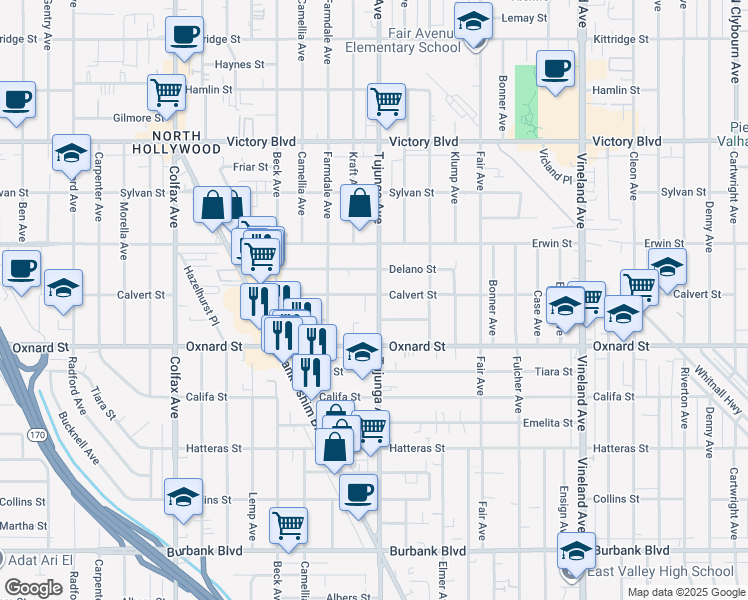 map of restaurants, bars, coffee shops, grocery stores, and more near 6059 Tujunga Avenue in Los Angeles