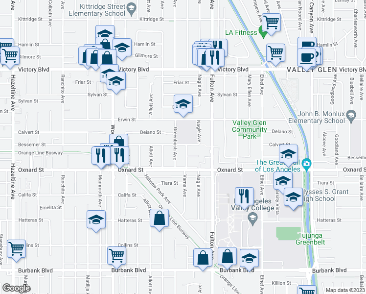 map of restaurants, bars, coffee shops, grocery stores, and more near 6033 Varna Avenue in Los Angeles