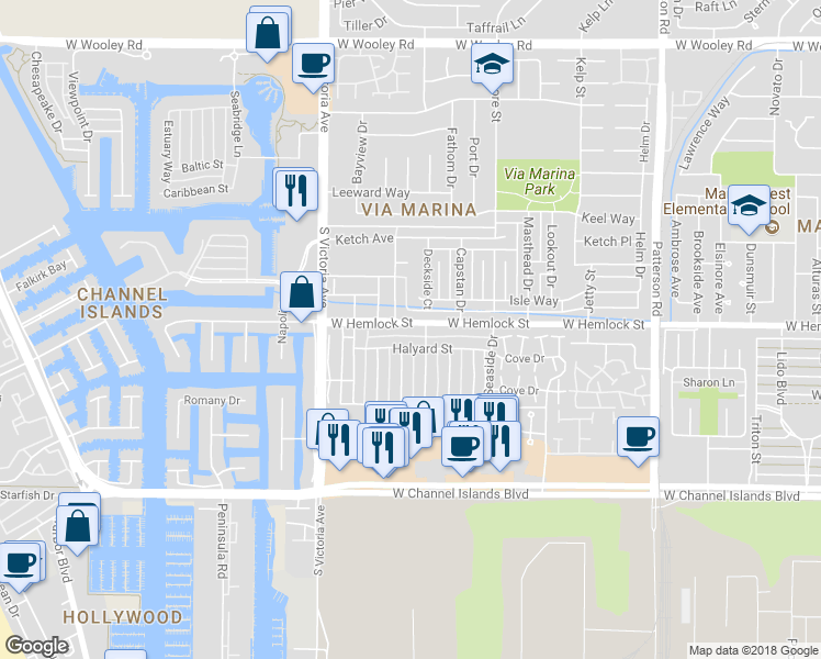map of restaurants, bars, coffee shops, grocery stores, and more near 718 West Hemlock Street in Port Hueneme