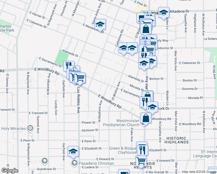 map of restaurants, bars, coffee shops, grocery stores, and more near 646 East Sacramento Street in Altadena