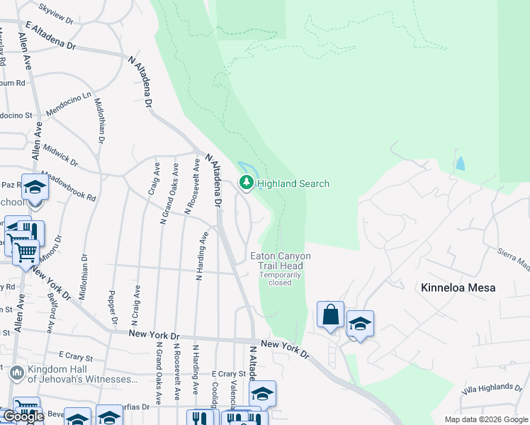 map of restaurants, bars, coffee shops, grocery stores, and more near 2533 Canyon View Lane in Pasadena
