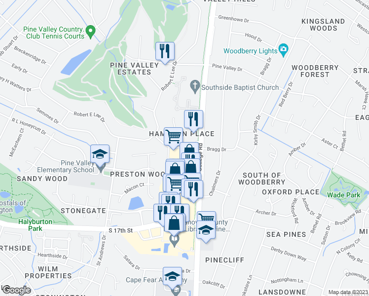 map of restaurants, bars, coffee shops, grocery stores, and more near 717 Bragg Drive in Wilmington
