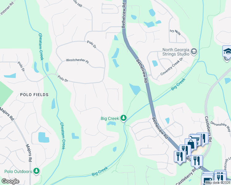 map of restaurants, bars, coffee shops, grocery stores, and more near 6690 Chelsea Gardens Way in Cumming