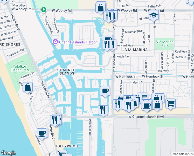map of restaurants, bars, coffee shops, grocery stores, and more near 3960 West Hemlock Street in Oxnard