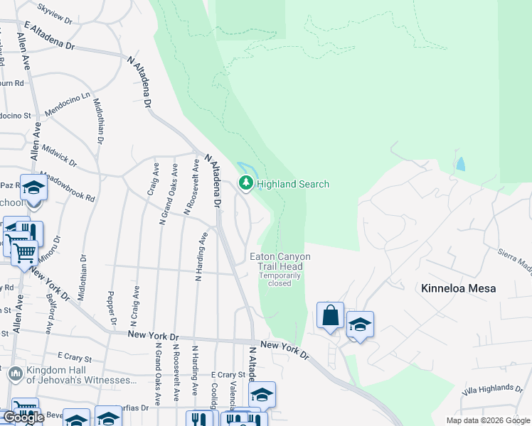 map of restaurants, bars, coffee shops, grocery stores, and more near 2533 Canyon View Lane in Pasadena