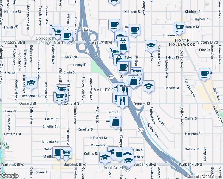 map of restaurants, bars, coffee shops, grocery stores, and more near 6041 Vantage Avenue in Los Angeles