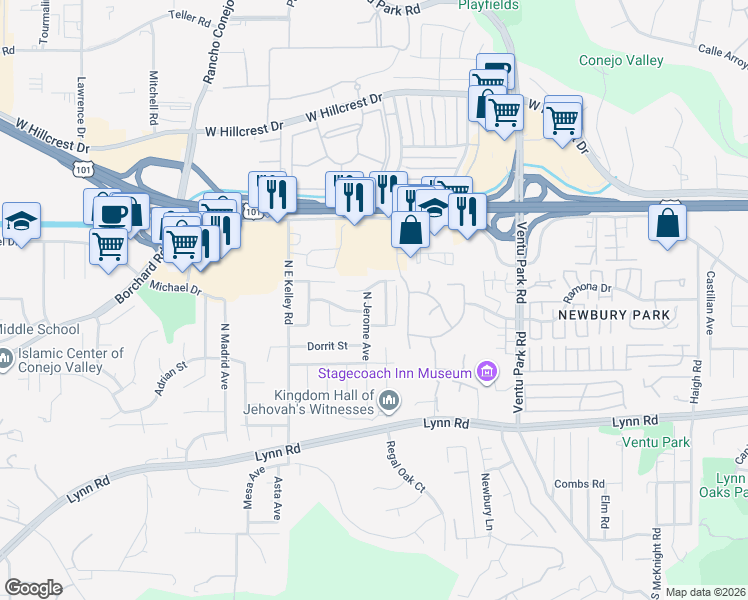 map of restaurants, bars, coffee shops, grocery stores, and more near 174 North Jerome Avenue in Thousand Oaks