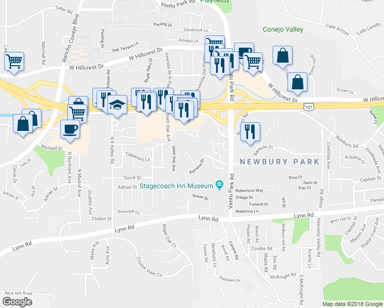 map of restaurants, bars, coffee shops, grocery stores, and more near 1663 Springhaven Avenue in Thousand Oaks