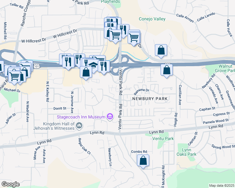 map of restaurants, bars, coffee shops, grocery stores, and more near 1500 Silver Shadow Drive in Thousand Oaks