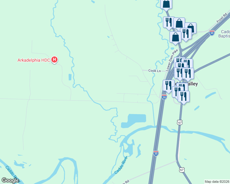 map of restaurants, bars, coffee shops, grocery stores, and more near 125 Madden Lane in Caddo Valley