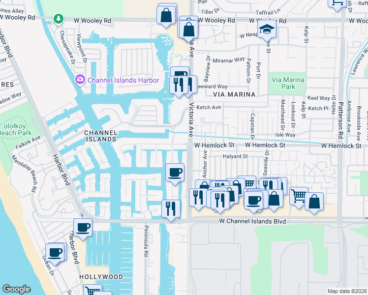 map of restaurants, bars, coffee shops, grocery stores, and more near 3810 West Hemlock Street in Oxnard